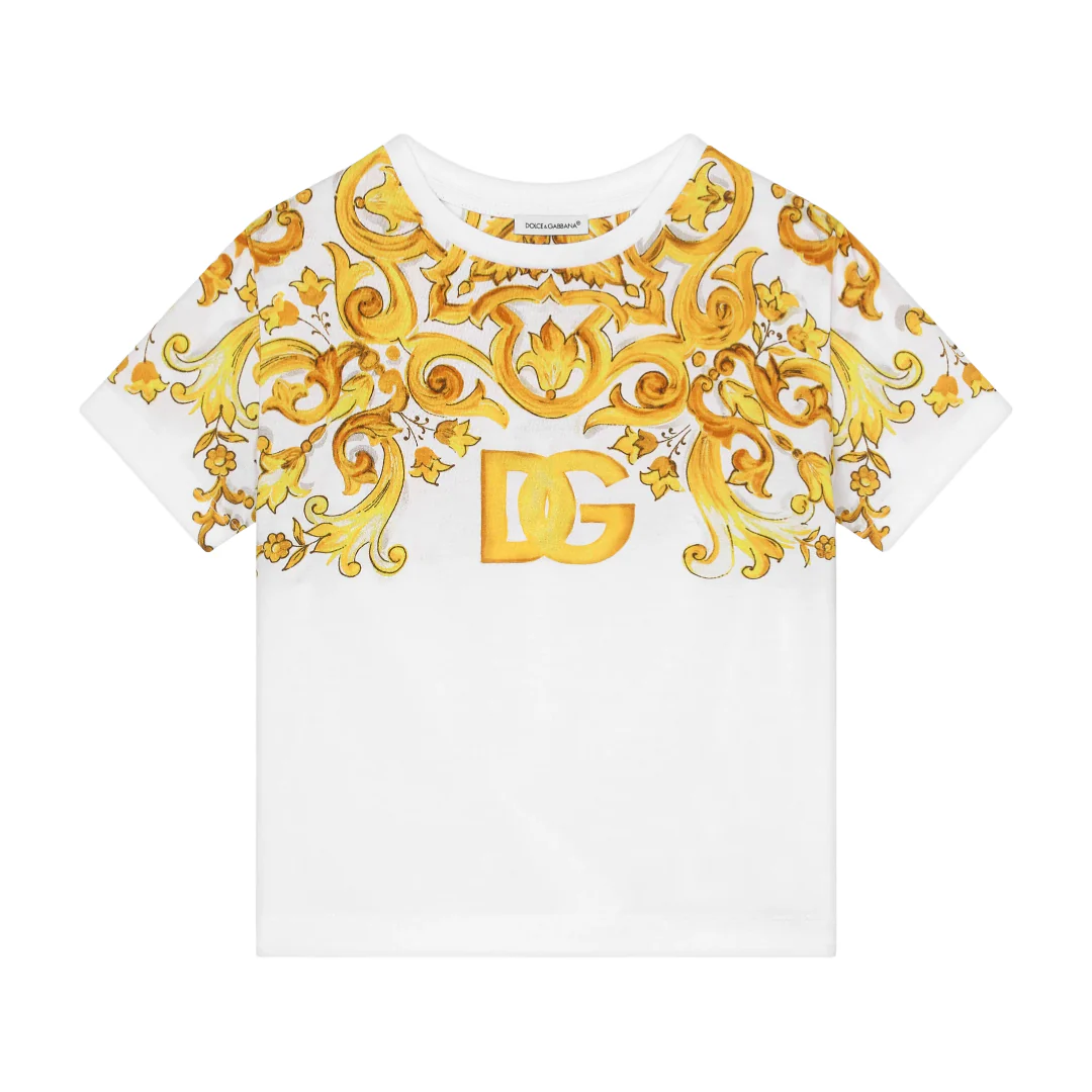KIDS BABY JERSEY T-SHIRT WITH YELLOW MAJOLICA PRINT AND DG LOGO