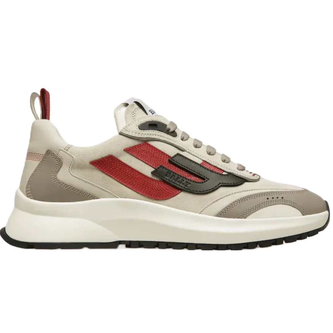 BALLY DARKY LEATHER SNEAKERS IN GREY/DUSTY WHITE/RED - Image 2