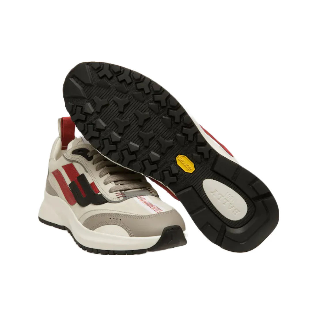 BALLY DARKY LEATHER SNEAKERS IN GREY/DUSTY WHITE/RED - Image 3