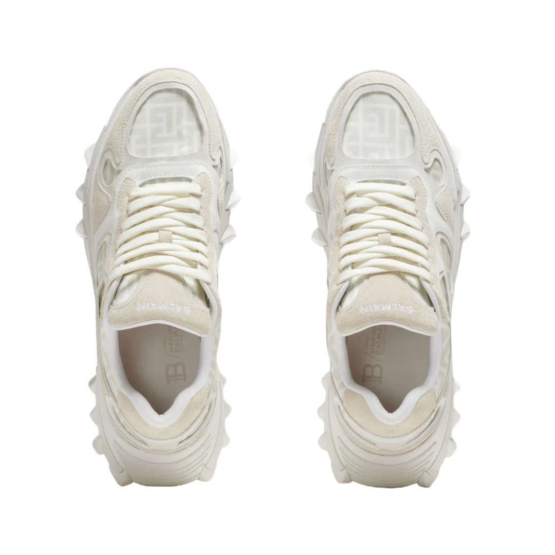 BALMAIN B-EAST MONOGRAMMED NYLON AND LEATHER TRAINERS IN CREME - Image 2