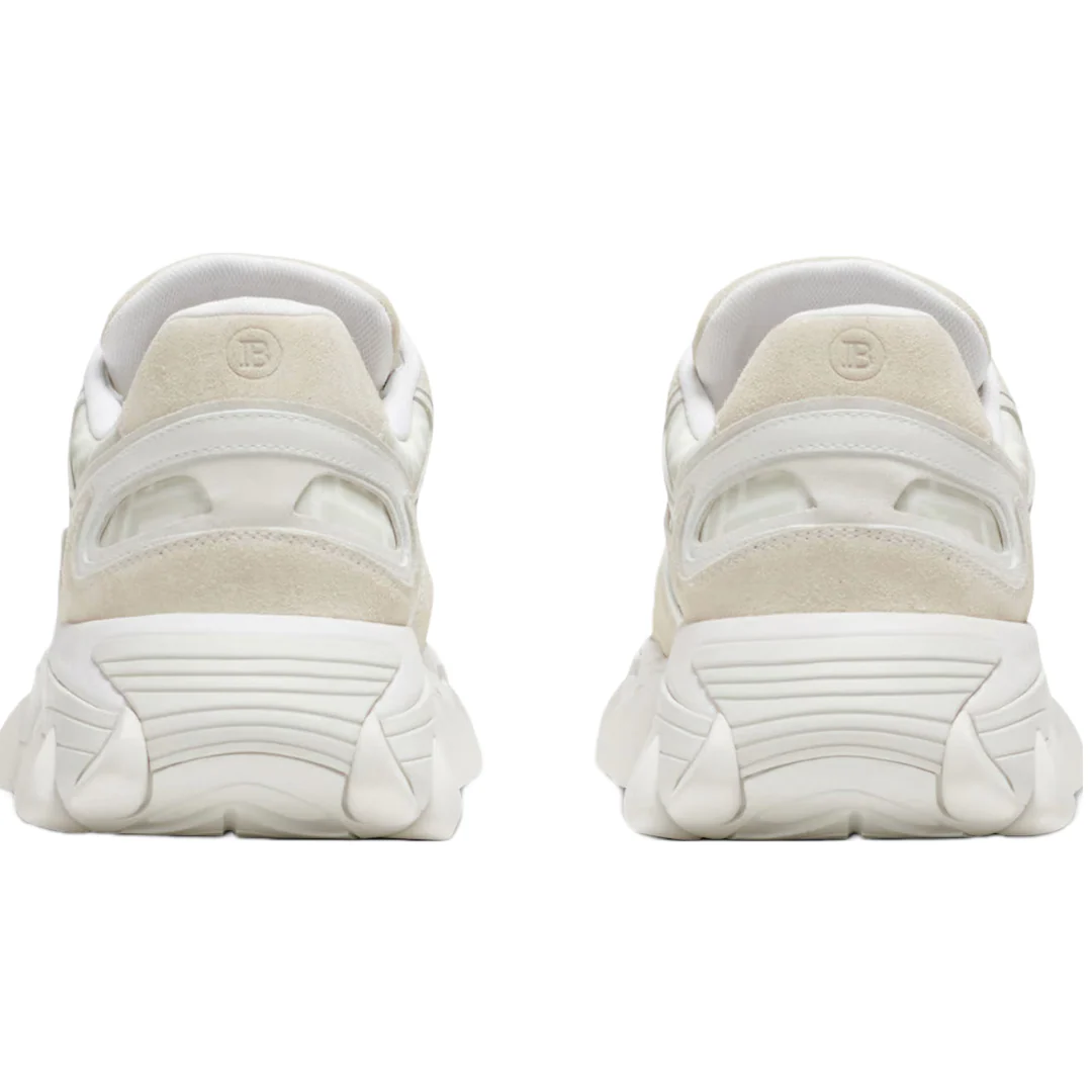 BALMAIN B-EAST MONOGRAMMED NYLON AND LEATHER TRAINERS IN CREME - Image 3