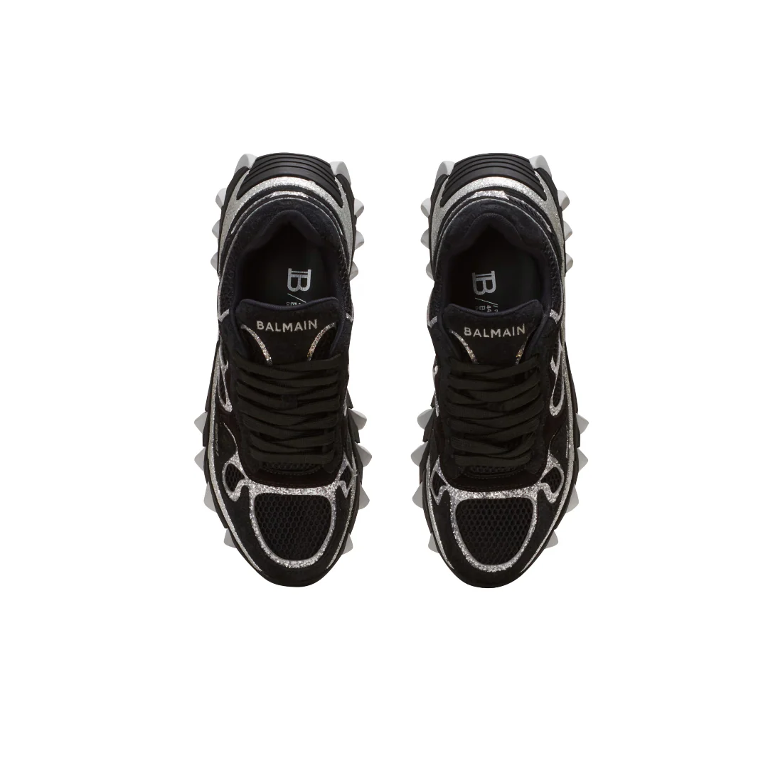 BALMAIN B-EAST TRAINERS IN LEATHER MESH AND GLITTER BLACK/SILVER - Image 2