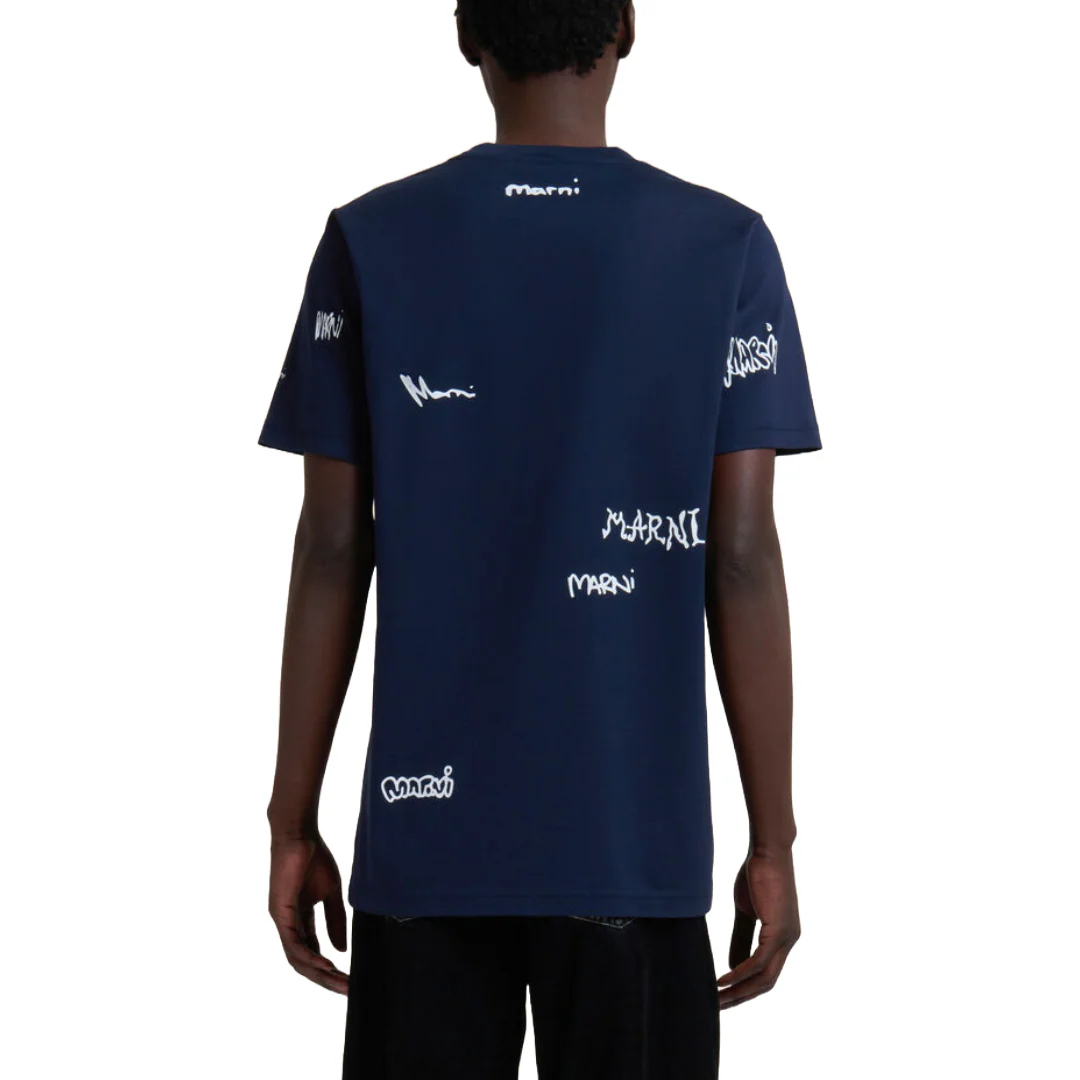 DEEP BLUE COTTON T-SHIRT WITH MULTIGRAM MARNI PRINT - Image 3