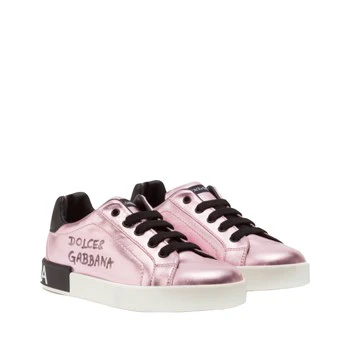 DOLCE & GABBANA KIDS LAMINATED LAMBSKIN PORTOFINO CUSTOM SNEAKERS WITH LOGO PRINT PINK-BLACK - Image 2