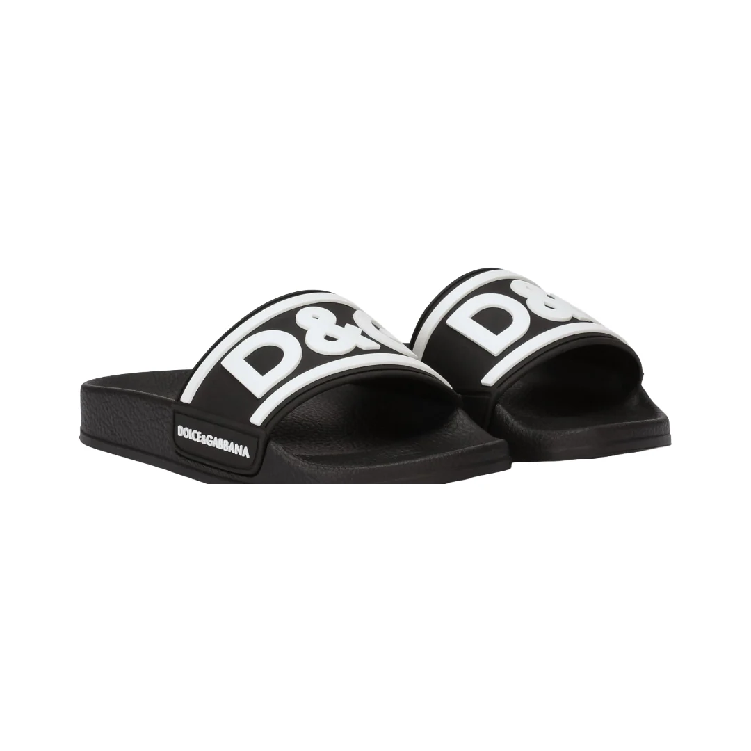 DOLCE & GABBANA KIDS RUBBER SLIDERS WITH LOGO PRINT  BLACK/WHITE - Image 2