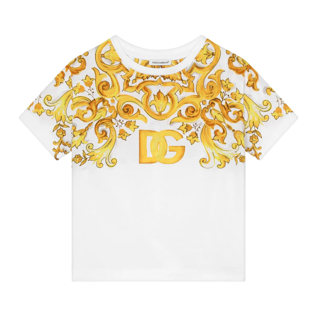KIDS JERSEY T-SHIRT WITH YELLOW MAJOLICA PRINT AND DG LOGO