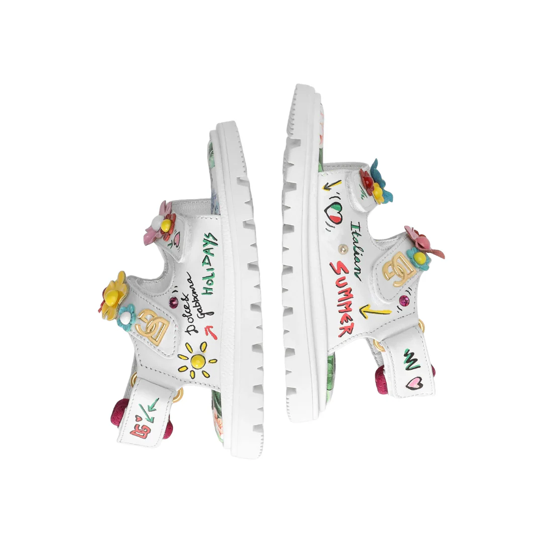 KIDS PRINTED CALFSKIN SANDALS WITH FLOWERS AND DG LOGO - Image 2