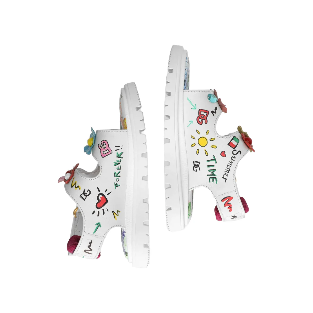 KIDS PRINTED CALFSKIN SANDALS WITH FLOWERS AND DG LOGO - Image 3