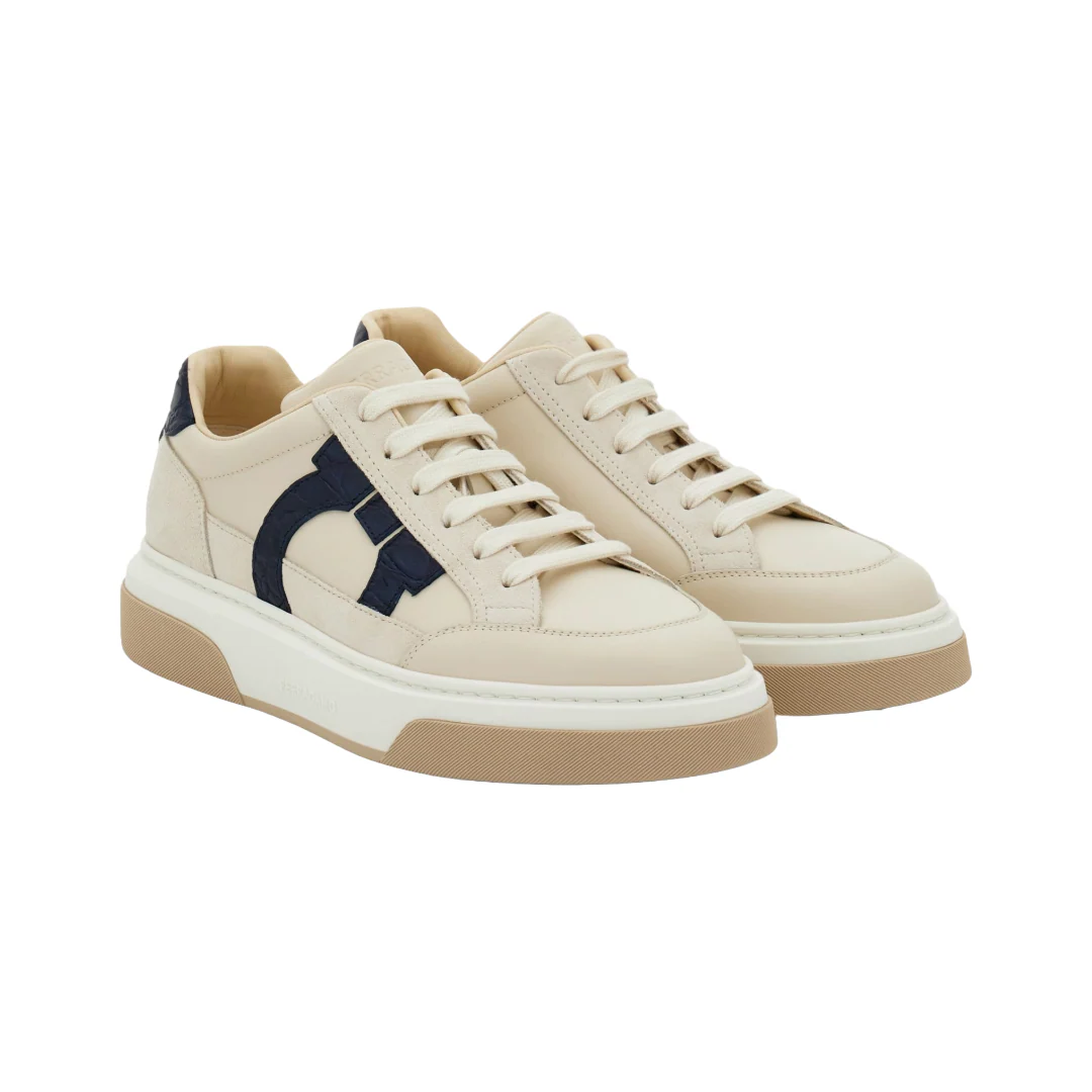 LOW TOP SNEAKER WITH GANCINI OUTLINE MASCARPONE/MARINE BLUE - Image 3