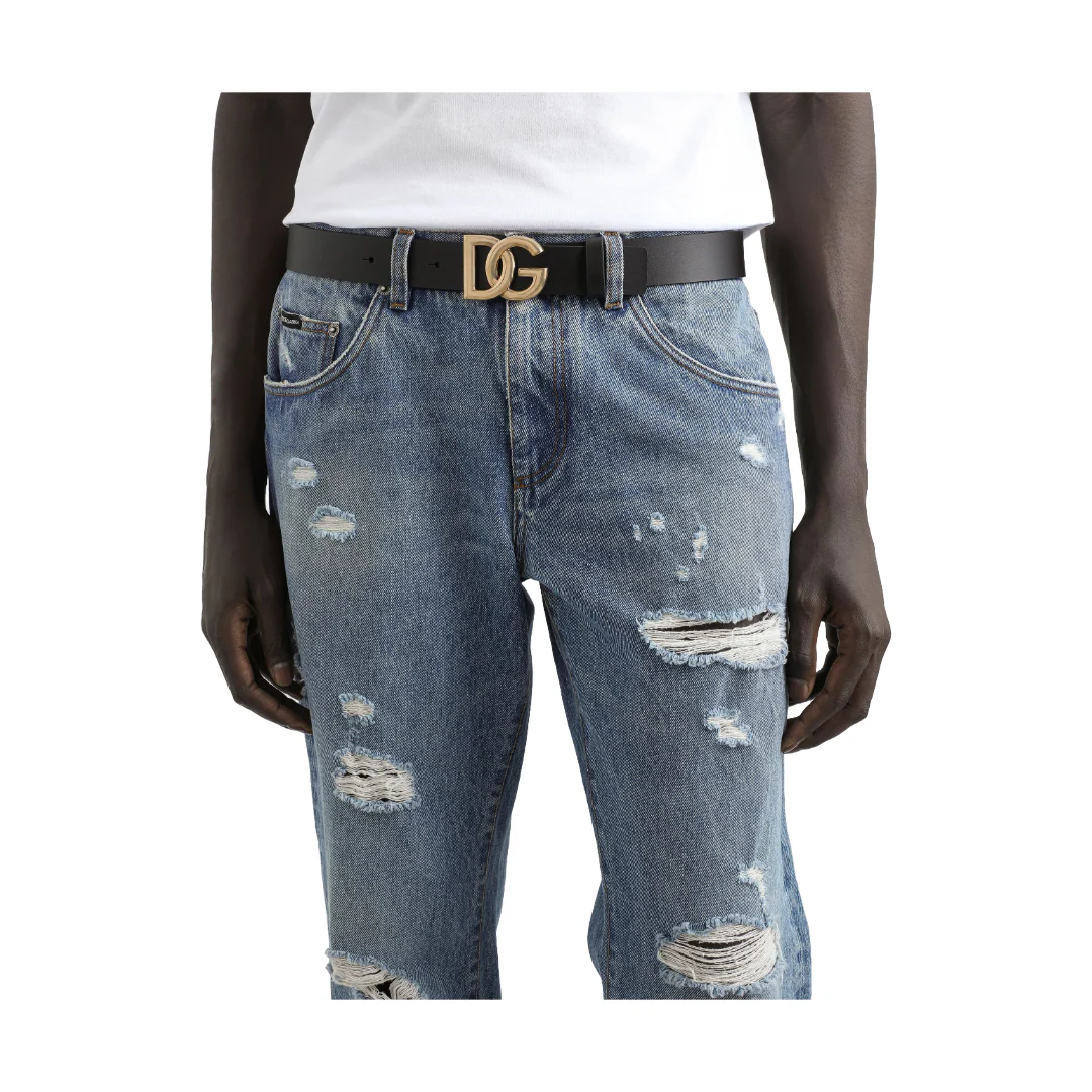 LUX LEATHER BELT WITH CROSSOVER DG LOGO BUCKLE BLACK/GOLD - Image 3