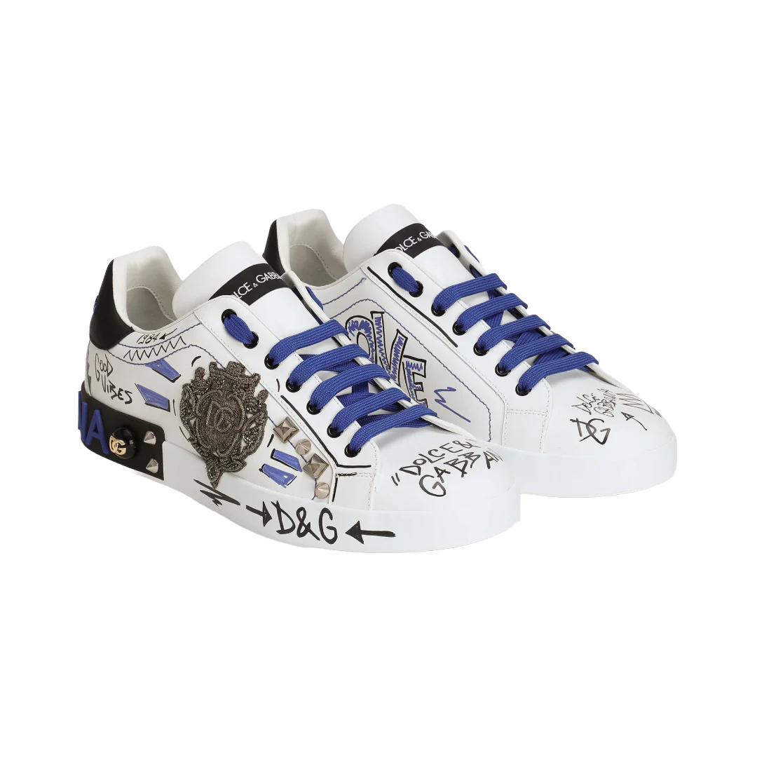 MENS CALFSKIN PORTOFINO SNEAKERS WITH PATCH BLUE/WHITE - Image 2