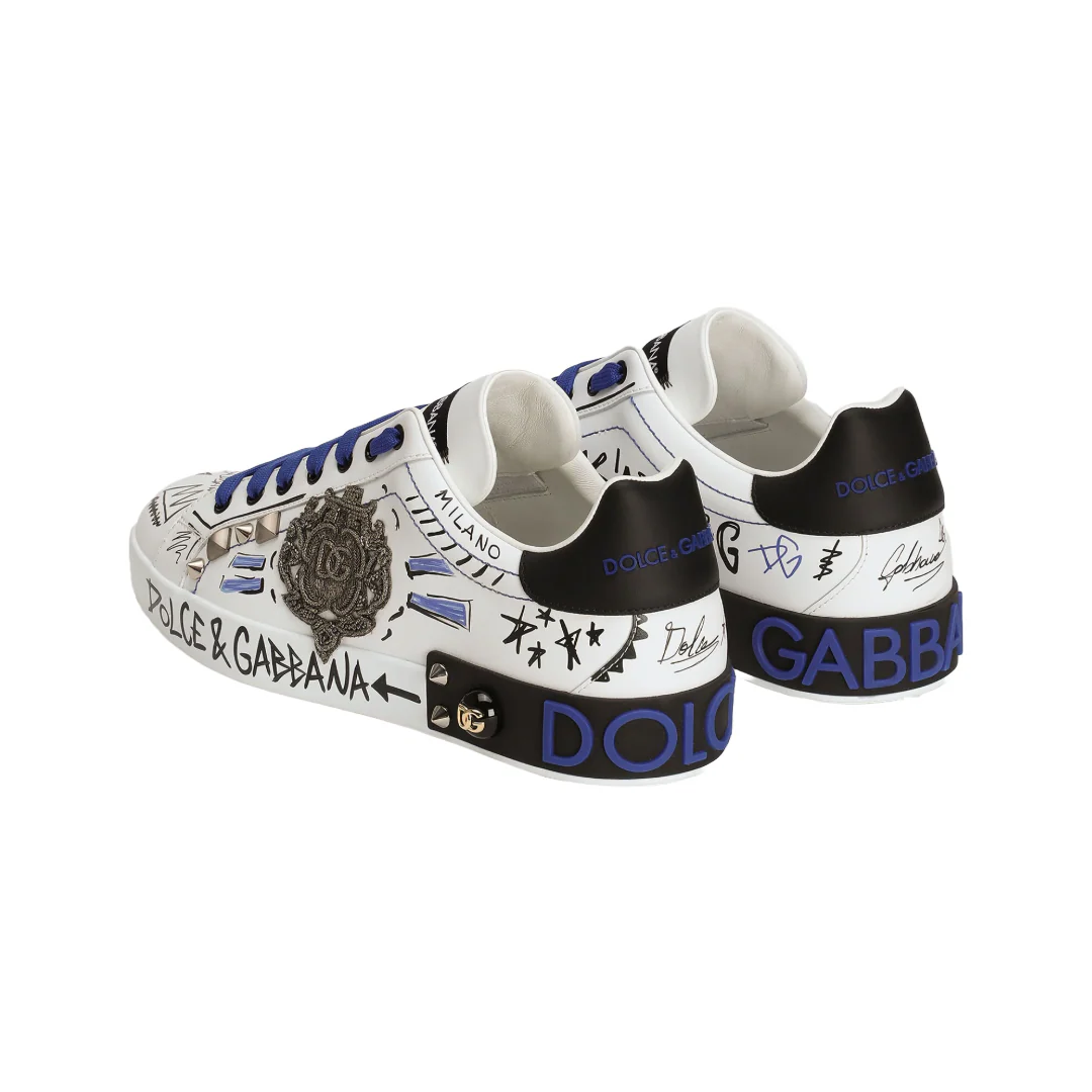 MENS CALFSKIN PORTOFINO SNEAKERS WITH PATCH BLUE/WHITE - Image 3