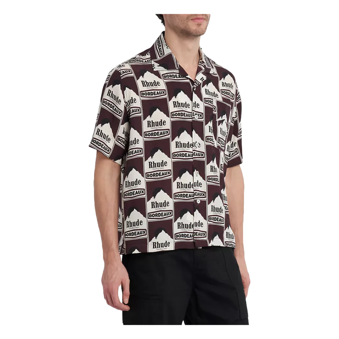MOONLIGHT BORDEAUX ABSTRACT SILK SHORT-SLEEVE SHIRT MAROON/WHITE - Image 2