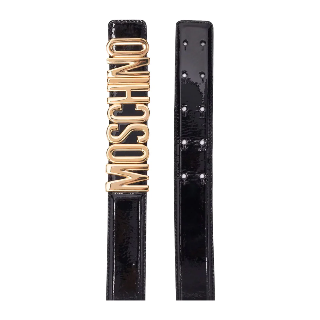 MOSCHINO LOGO PLAQUA LEATHER BELT BLACK/GOLD - Image 2