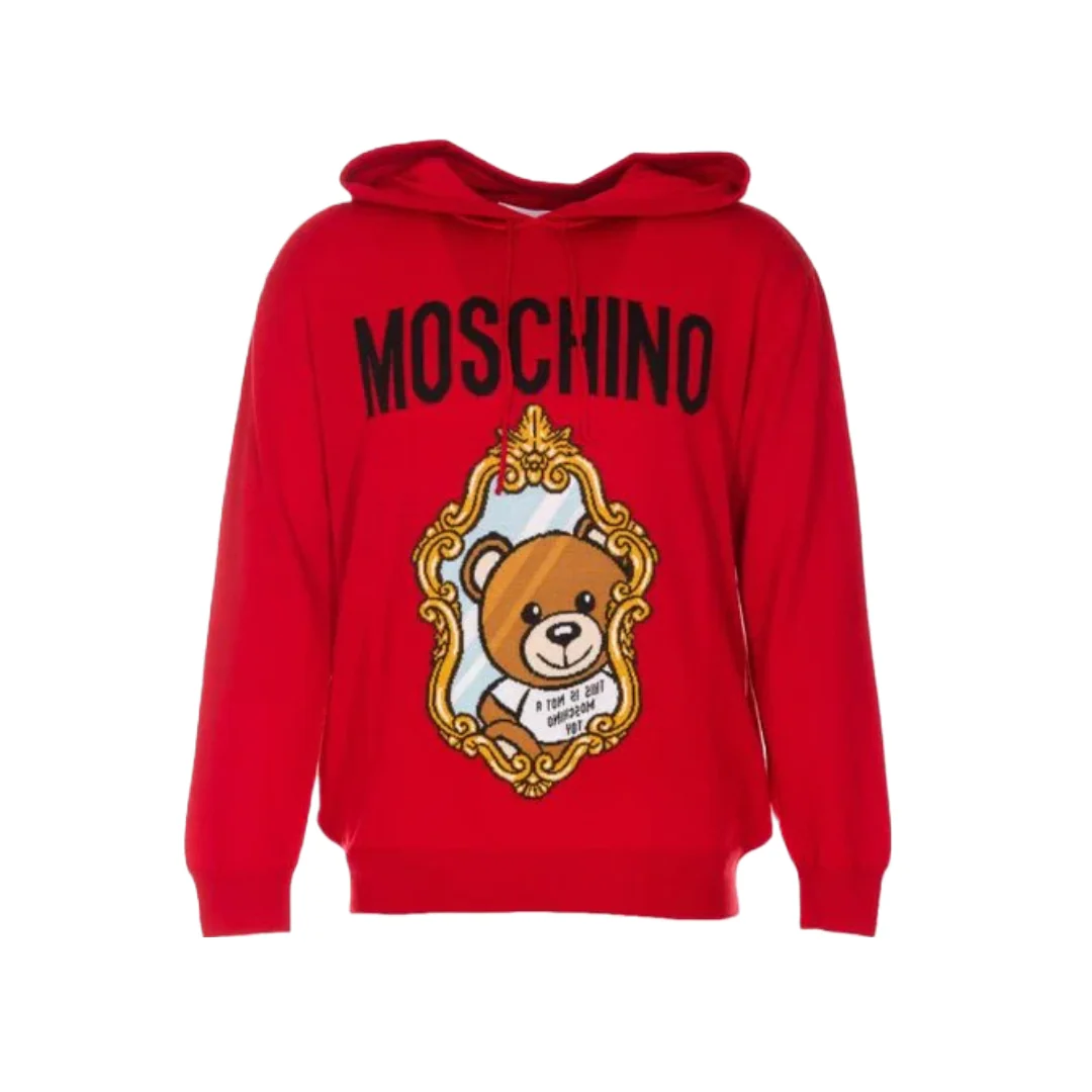 MOSCHINO MIRROR TEDDY BEAR HOODED PULLOVER RED