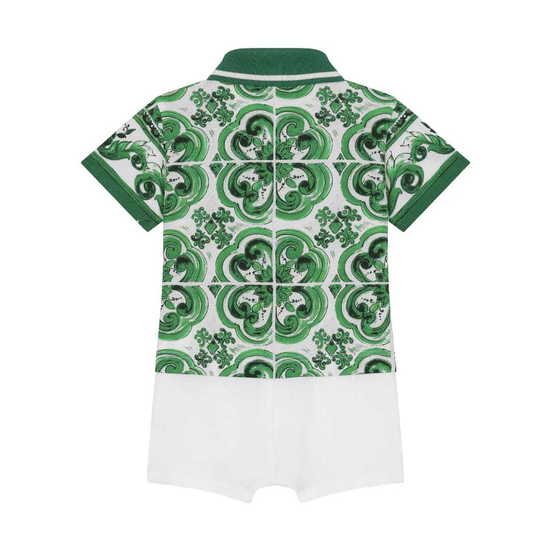 KIDS BABY PIQUE ONESIE WITH GREEN MAJOLICA PRINT AND DG LOGO GREEN - Image 2