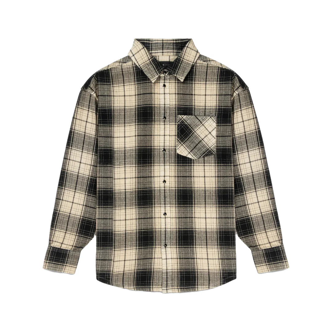 PURPLE BRAND PLAID LS SHIRT WORDMARK BROWN RICE OVERDYE BROWN