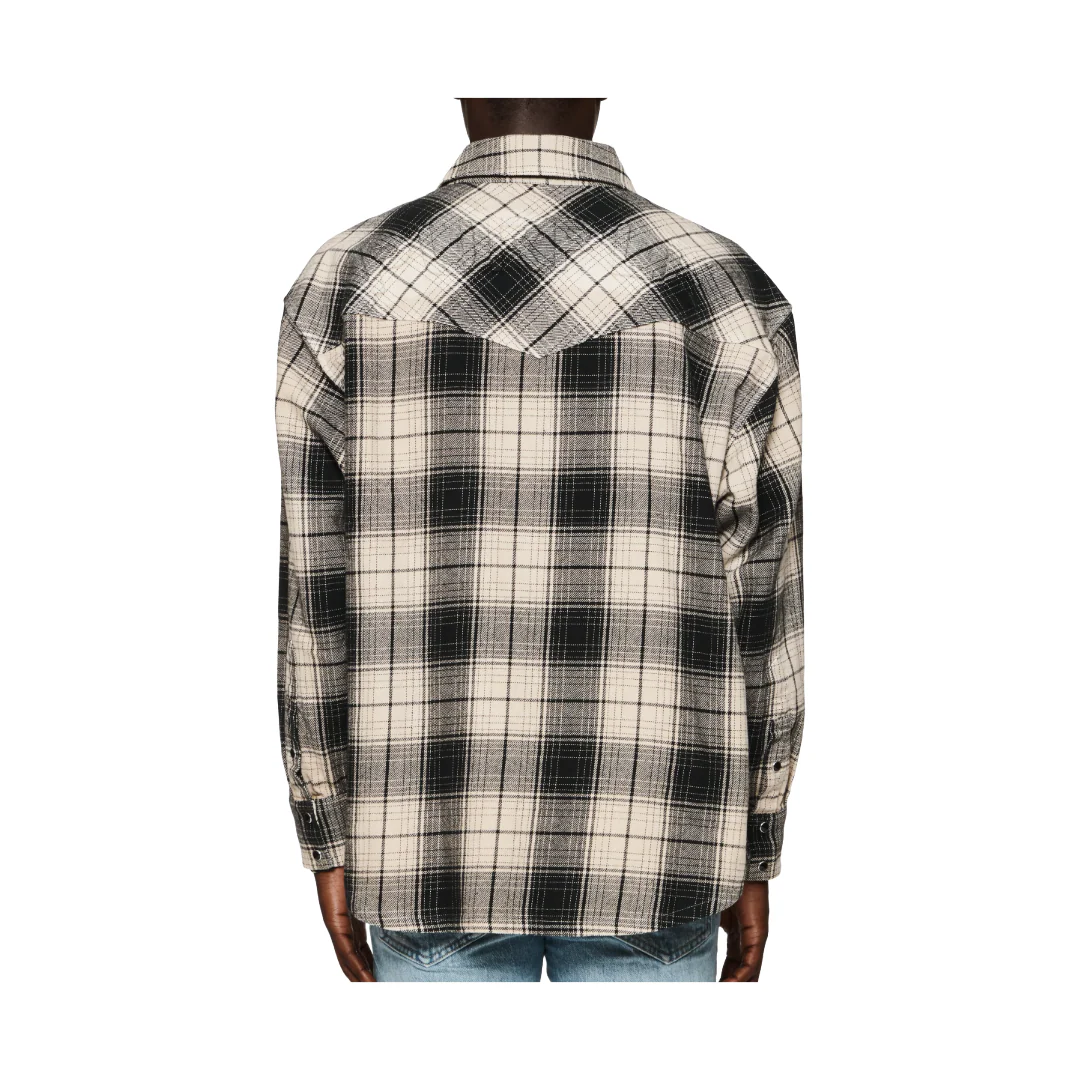 PURPLE BRAND PLAID LS SHIRT WORDMARK BROWN RICE OVERDYE BROWN - Image 2