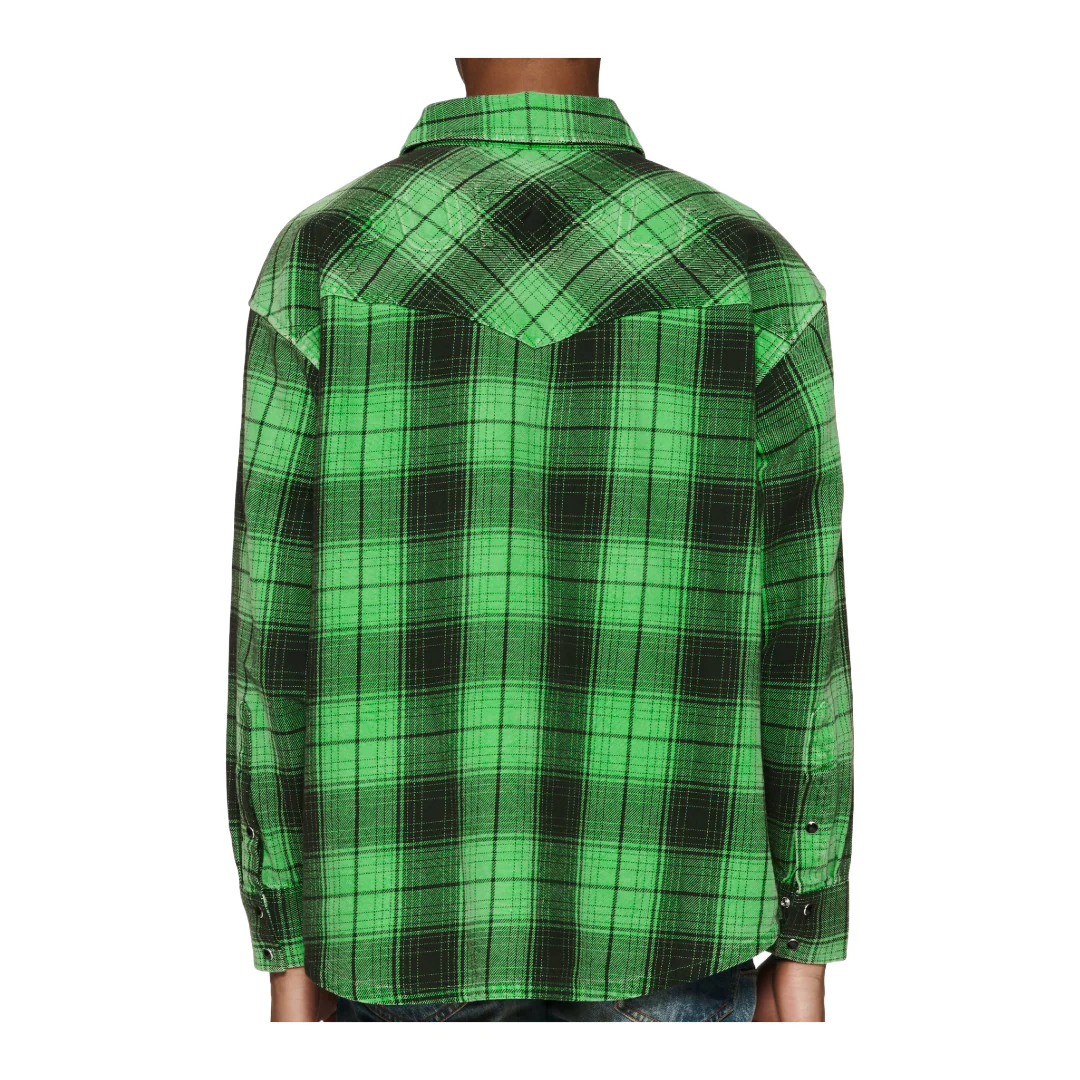 PURPLE BRAND PLAID LS SHIRT WORDMARK FLUORESCENT GREEN - Image 2