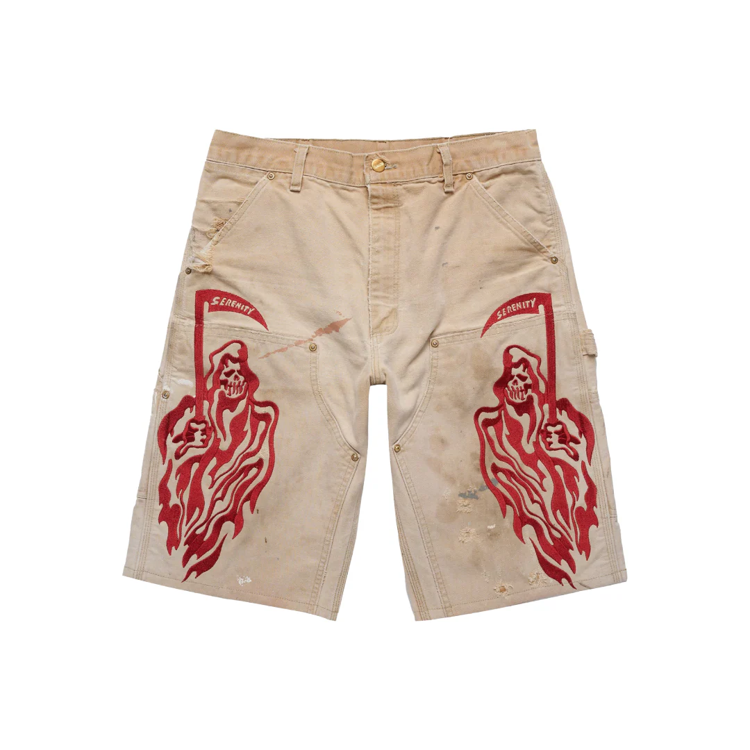 SERENITY VINTAGE CARHARTT DOUBLE KNEE SHORTS - TAN-CARDINAL