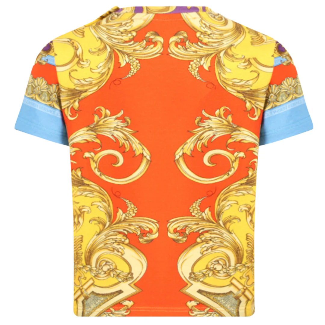 KIDS VERSACE Barocco Goddess Logo T-Shirt in Purple, Orange and Golden - Image 2