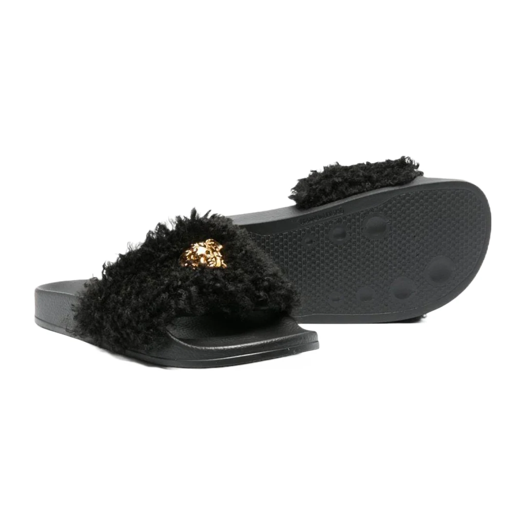 VERSACE KIDS MEDUSA FAUX FUR SLIDES BLACK/GOLD - Image 2