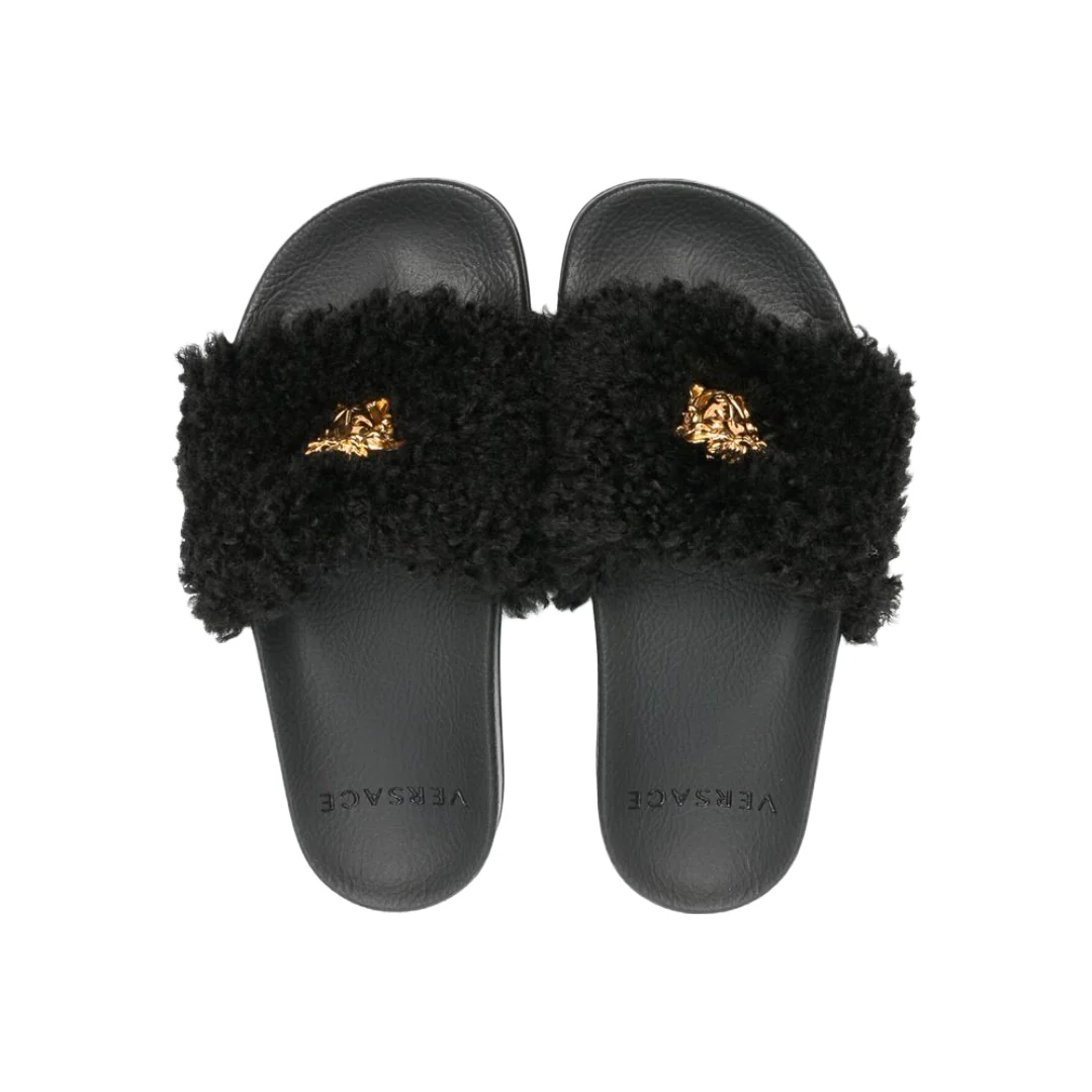 VERSACE KIDS MEDUSA FAUX FUR SLIDES BLACK/GOLD - Image 3