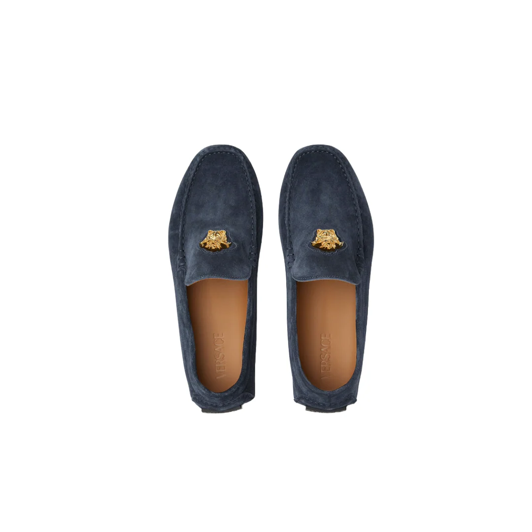 VERSACE LA MEDUSA STUDDED GRECA VELVET DRIVER SUEDE SHOES  NAVY - Image 2