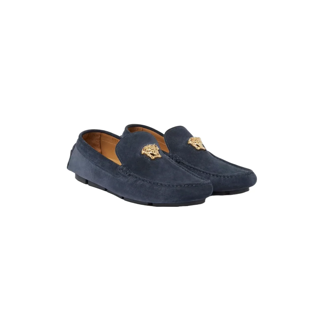 VERSACE LA MEDUSA STUDDED GRECA VELVET DRIVER SUEDE SHOES  NAVY - Image 3