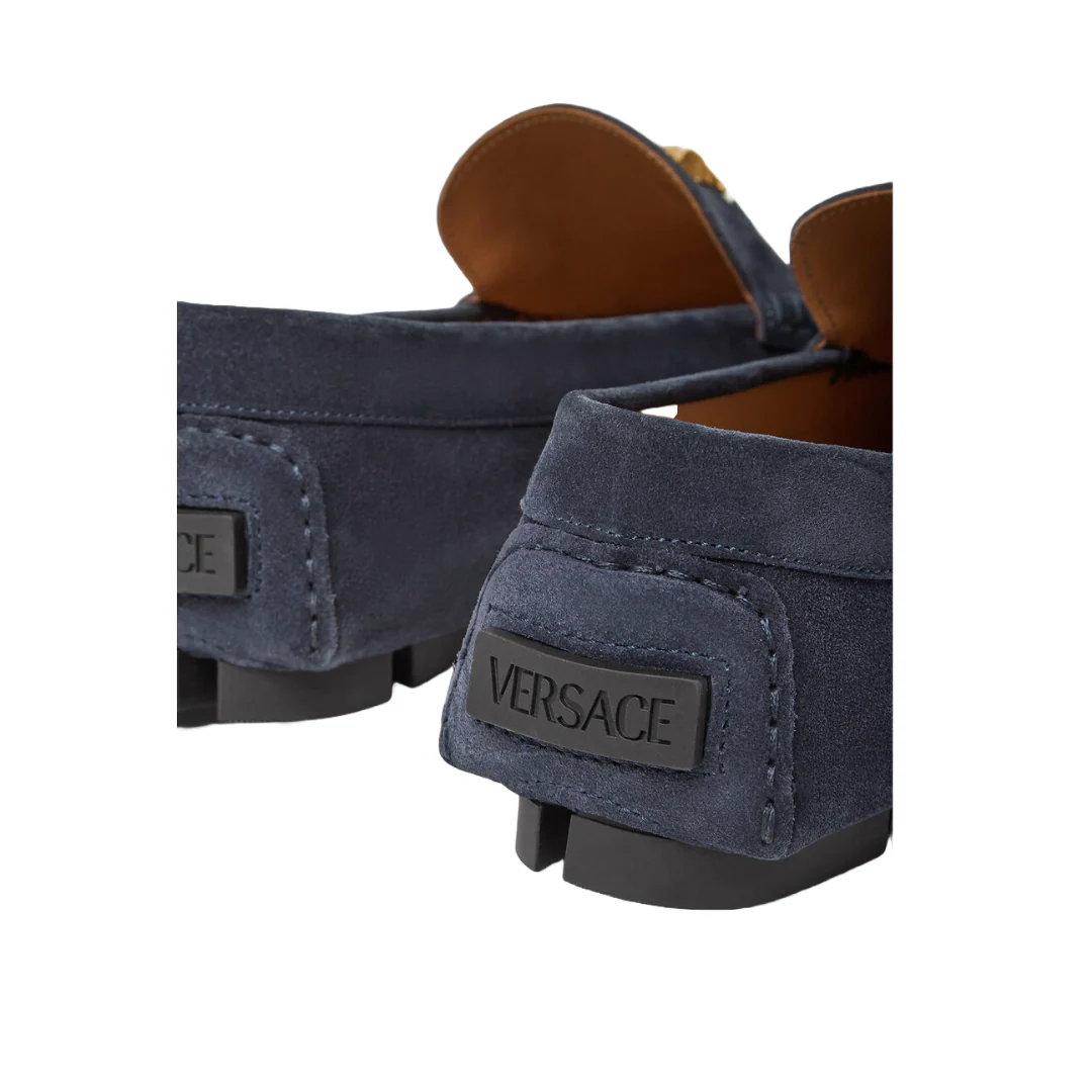 VERSACE LA MEDUSA STUDDED GRECA VELVET DRIVER SUEDE SHOES  NAVY - Image 4