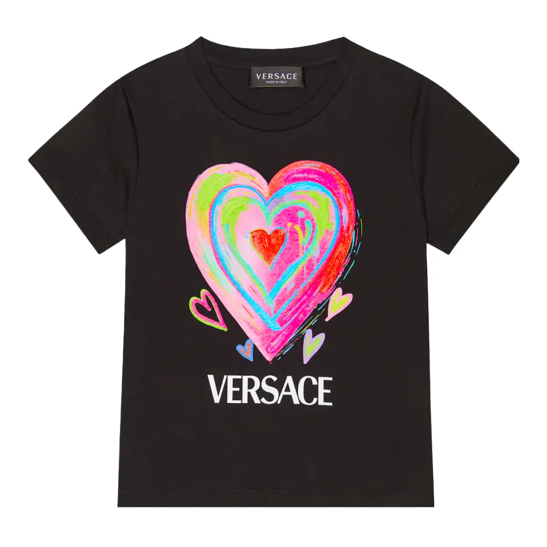 KIDS VERSACE LOGO HEART PRINT T-SHIRT BLACK/ MULTICOLOR