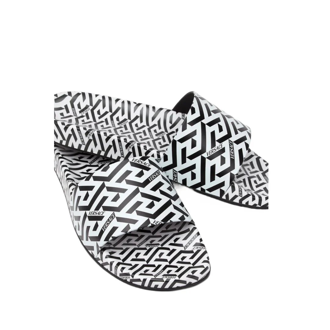 VERSACE MENS LA GRECA PRINT SLIDES WHITE/BLACK - Image 2