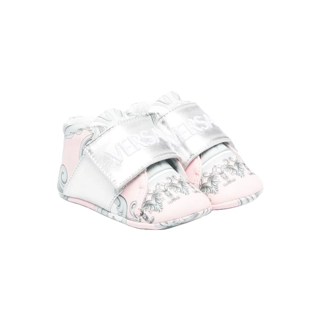 KIDS VERSACE NEWBORN EMBROIDERED LOGO SNEAKER BABY PINK/SILVER