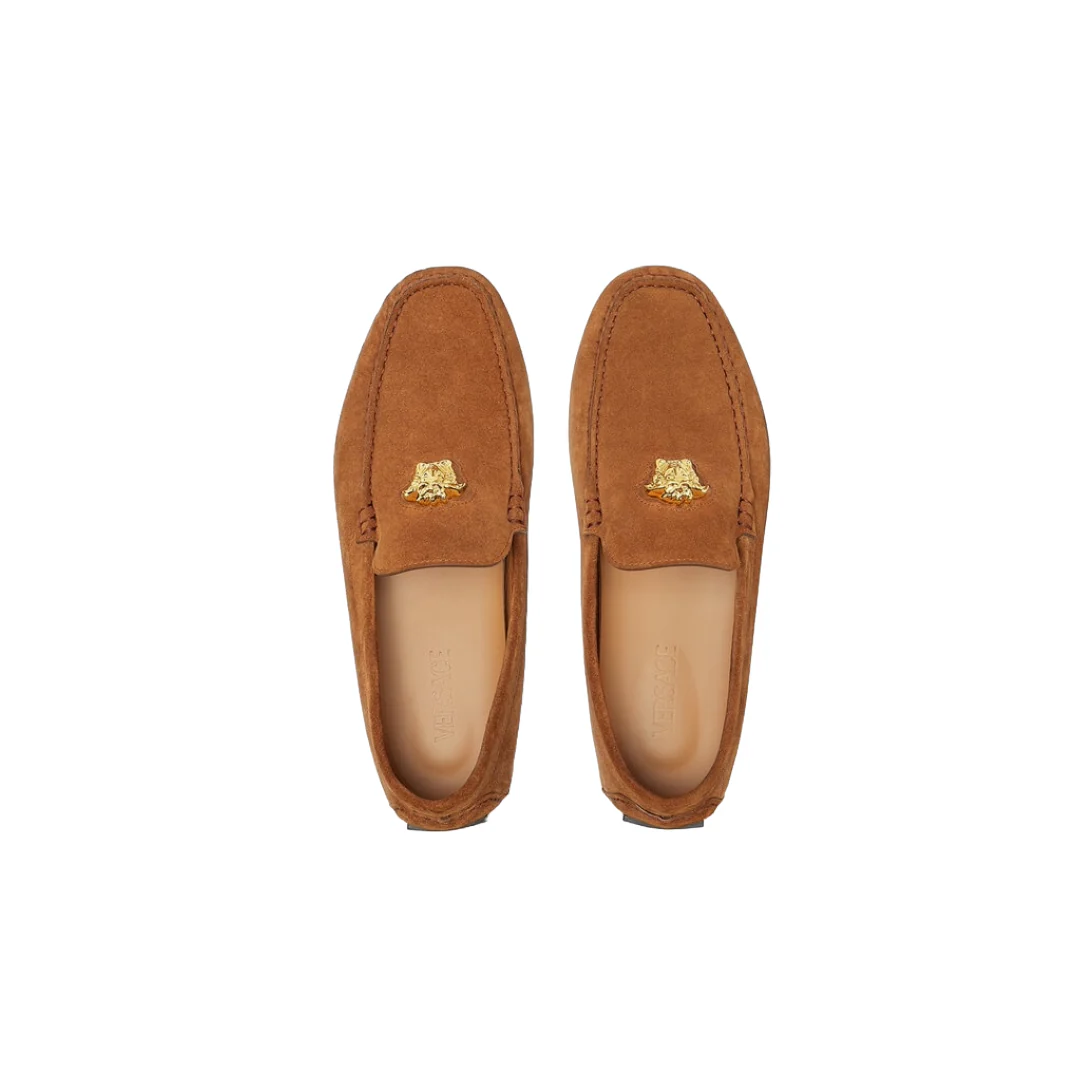 VERSACE STUDDED GRECA LA MEDUSA SUEDE DRIVER SHOES TOFFEE