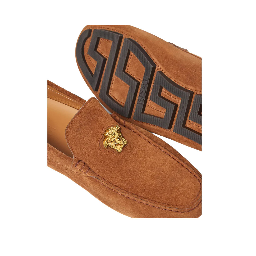 VERSACE STUDDED GRECA LA MEDUSA SUEDE DRIVER SHOES TOFFEE - Image 2